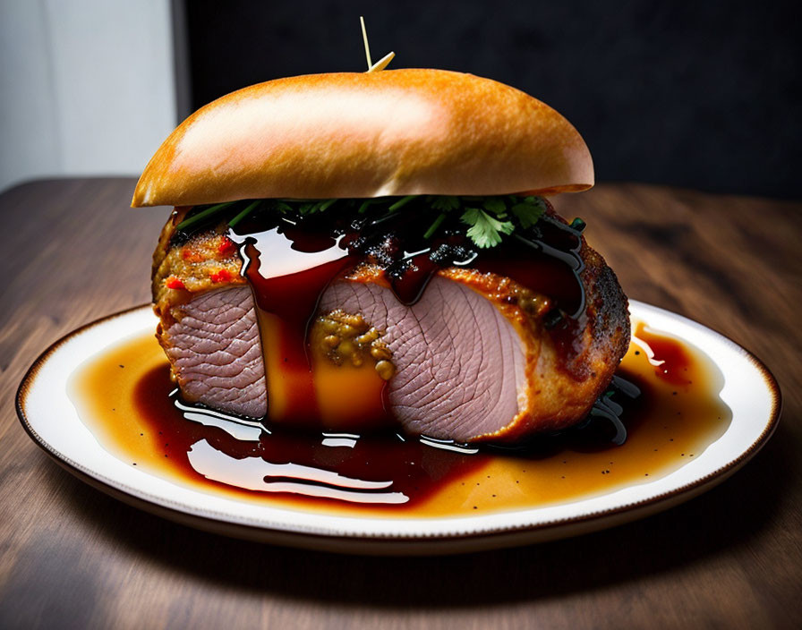 Succulent gourmet burger with roast beef, greens, and dark sauce