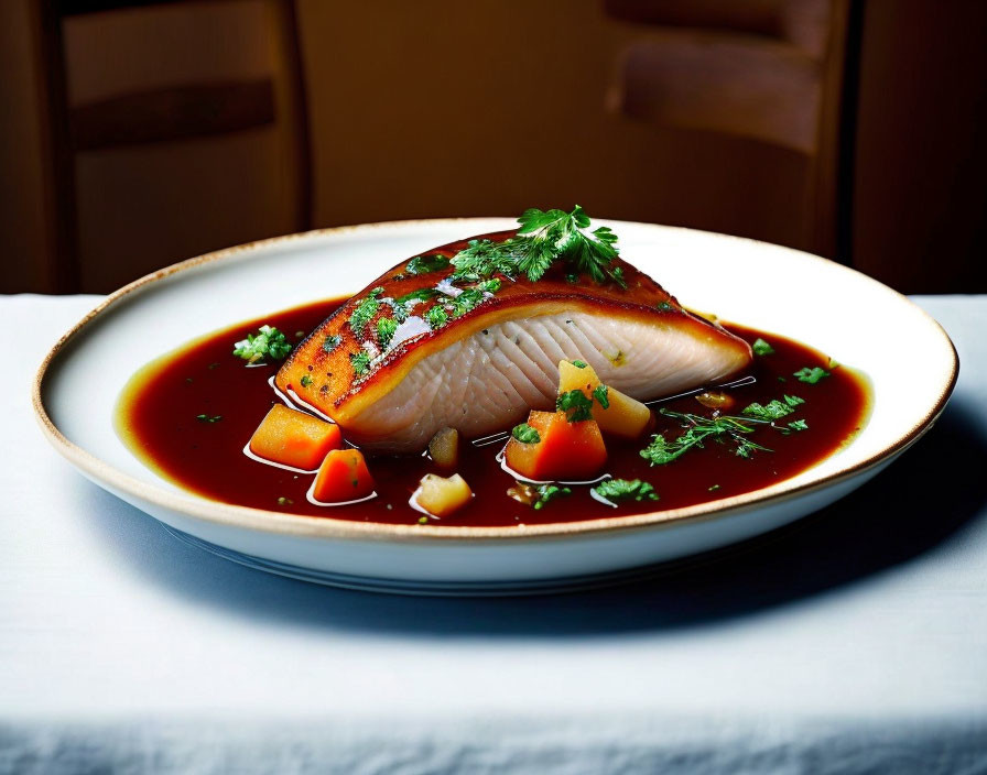 Savory Grilled Salmon Fillet with Diced Vegetables and Parsley on Oval Plate