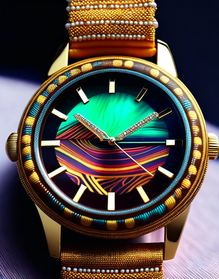 Golden Wristwatch with Multicolored Abstract Dial & Elegant Hands