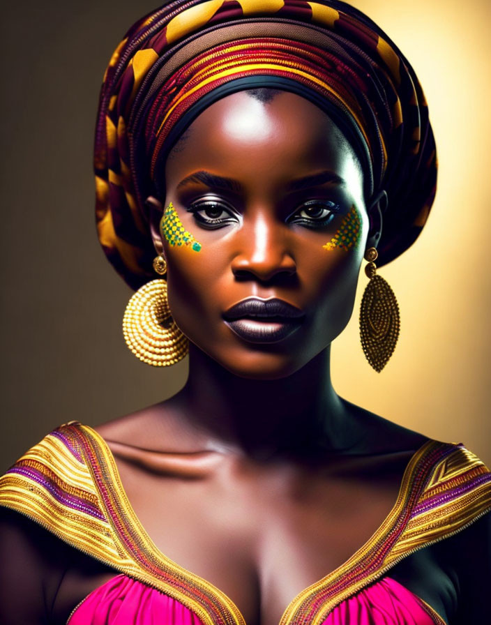 Colorful headwrap and striking makeup on woman with gold earrings and vibrant attire.