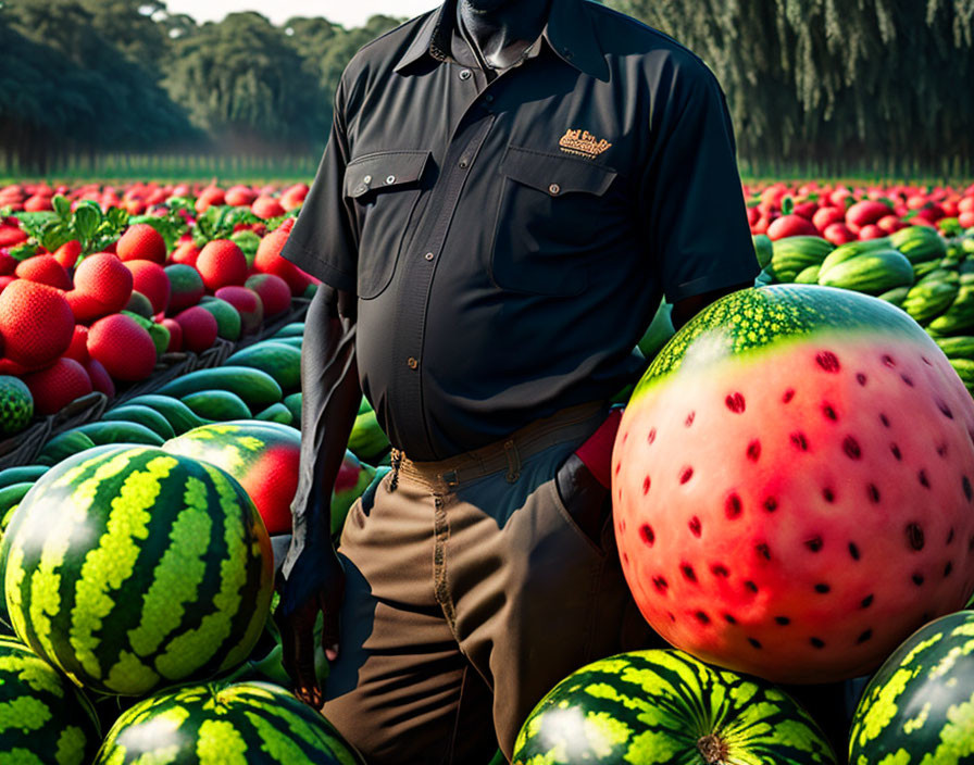 Uniformed person in surreal watermelon field