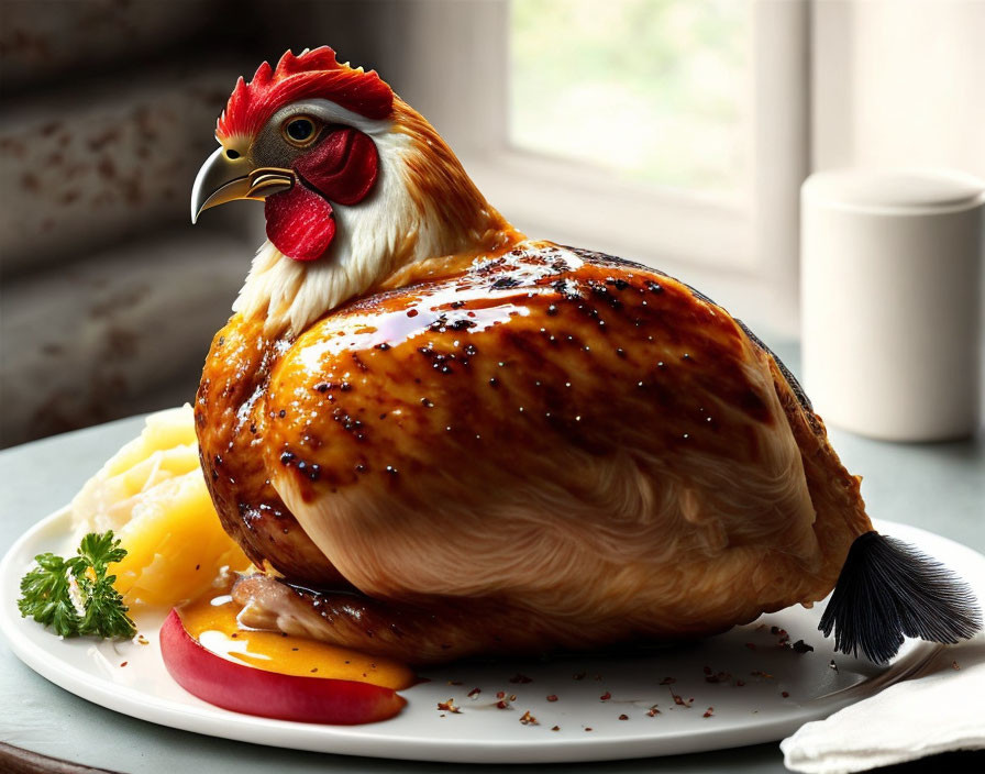 Roasted chicken with live chicken head and tail feathers on plate with herbs by window