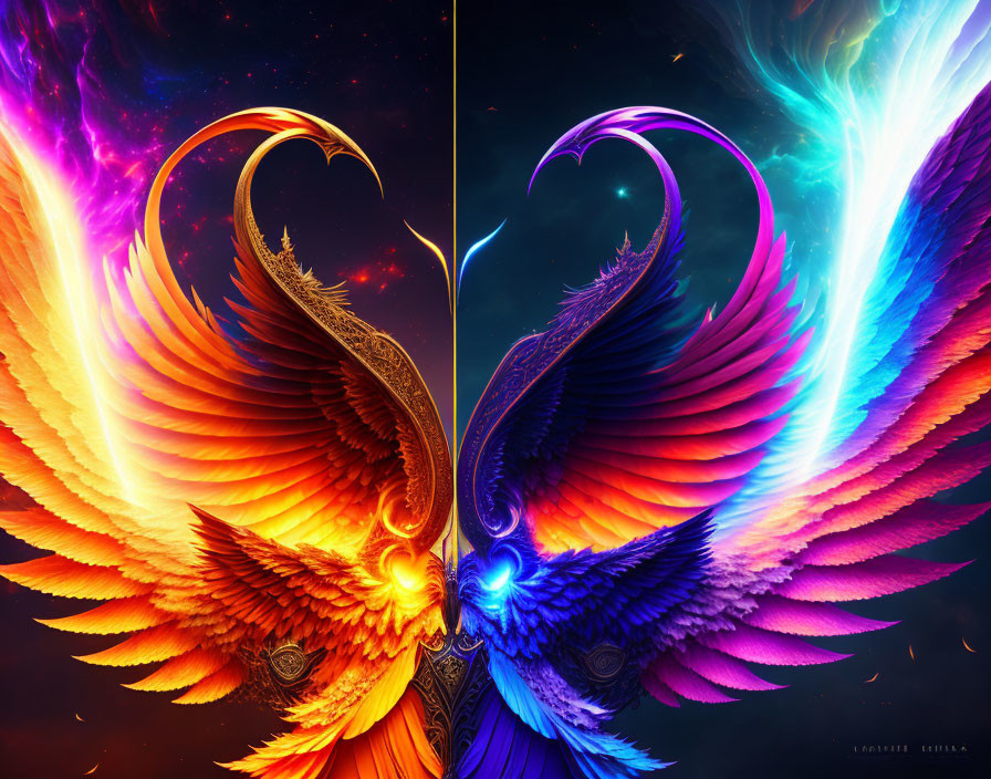 Colorful Digital Artwork: Mirrored Birds in Heart Shape on Cosmic Background