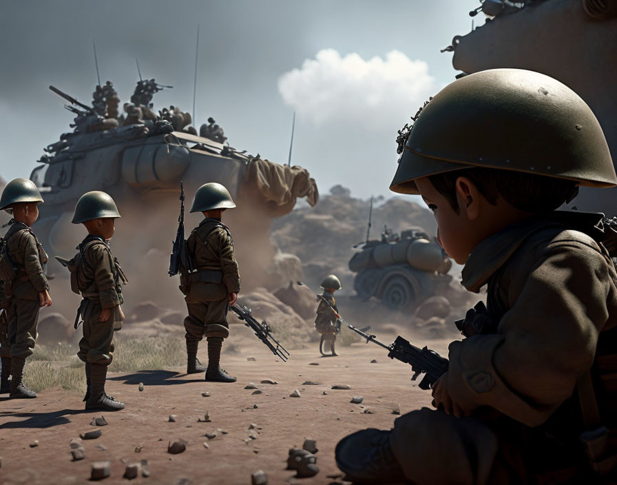 Military soldiers with rifles watch tank in dusty war setting