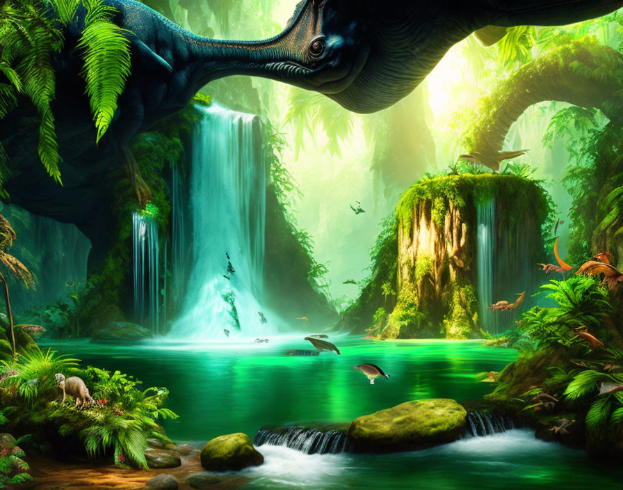 Prehistoric scene with large dinosaur, waterfall, lush foliage, pterosaurs, and river.