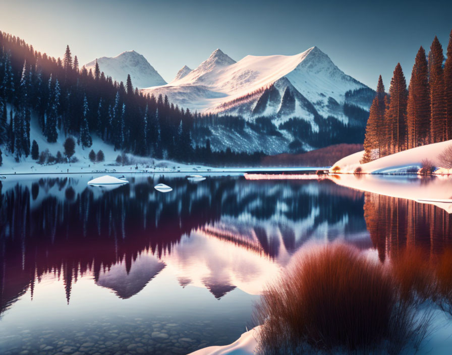 Snow-Capped Mountains Reflected in Clear Lake Amid Winter Landscape