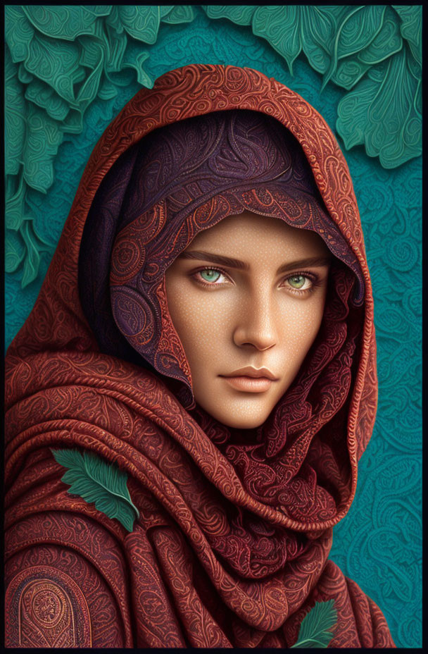 Detailed Illustration: Person with Green Eyes & Red Headscarf on Teal Background