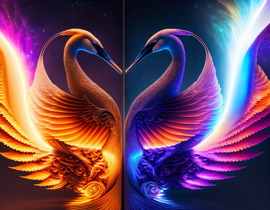 Stylized swans with vibrant plumage in heart shape against cosmic backdrop