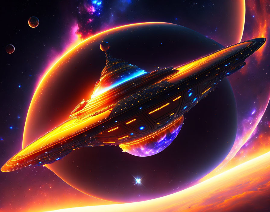 Futuristic spaceship orbits planet with rings in sci-fi scene