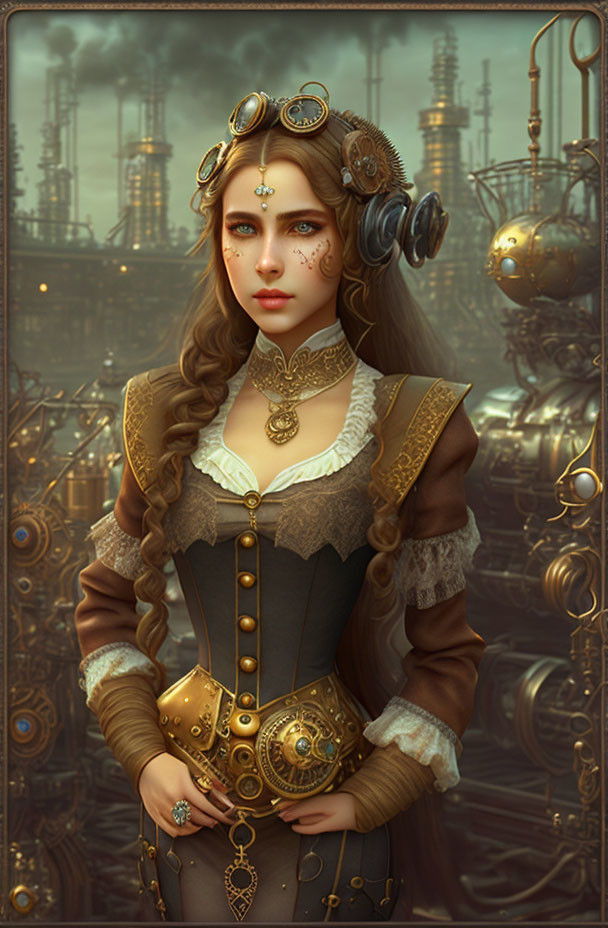 Steampunk woman in corset and goggles against industrial backdrop