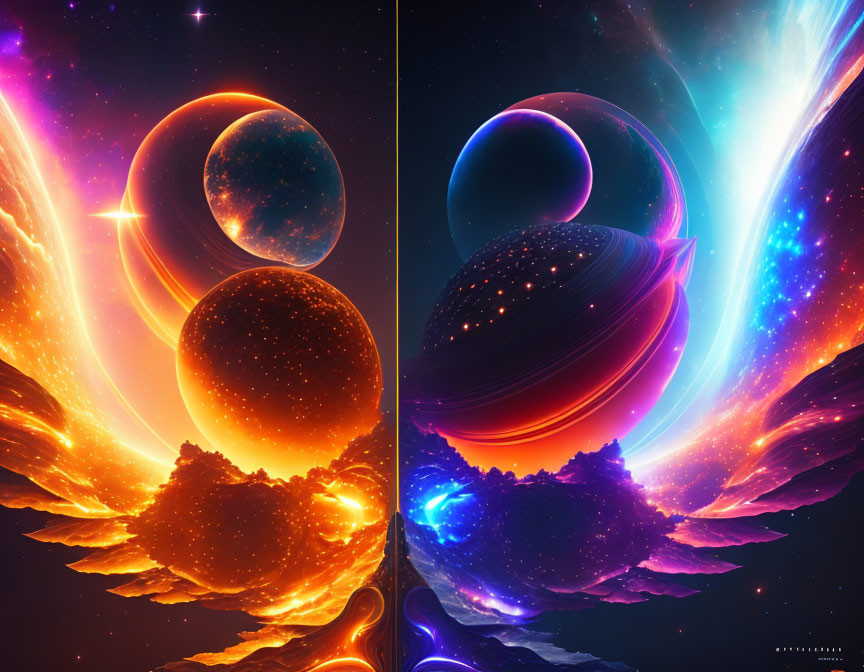 Digital Artwork: Celestial Bodies in Cosmic Fire and Ice Theme