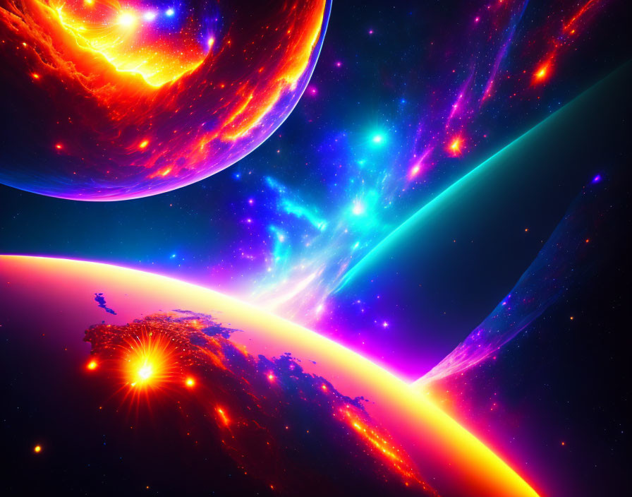 Colorful Digital Space Scene with Celestial Bodies and Nebula