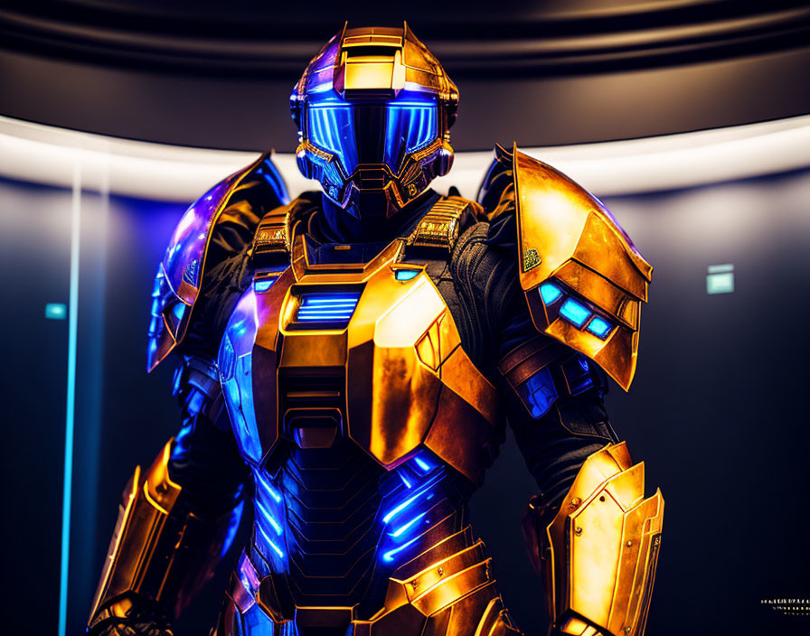 Armored suit with blue and orange lights on dark neon background