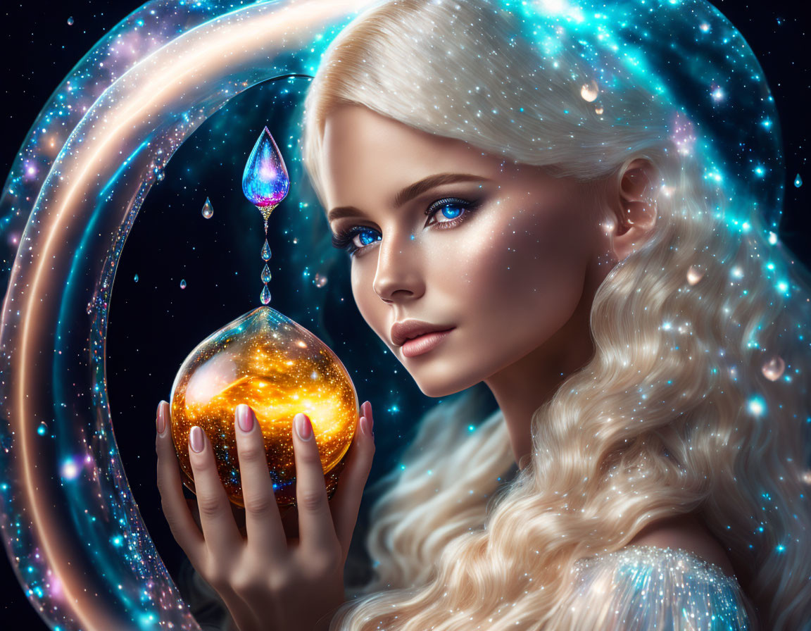 Platinum blonde woman with glowing orb in cosmic setting