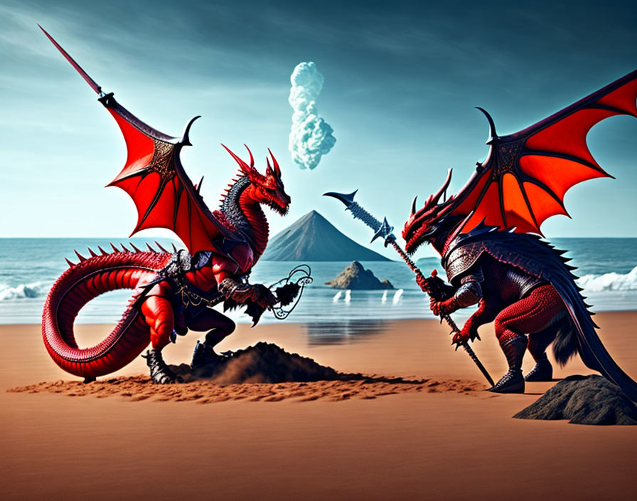 Two red dragons facing each other on a beach with an erupting volcano in the background