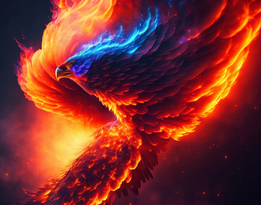 Colorful Phoenix Artwork with Fiery Wings in Cosmic Background