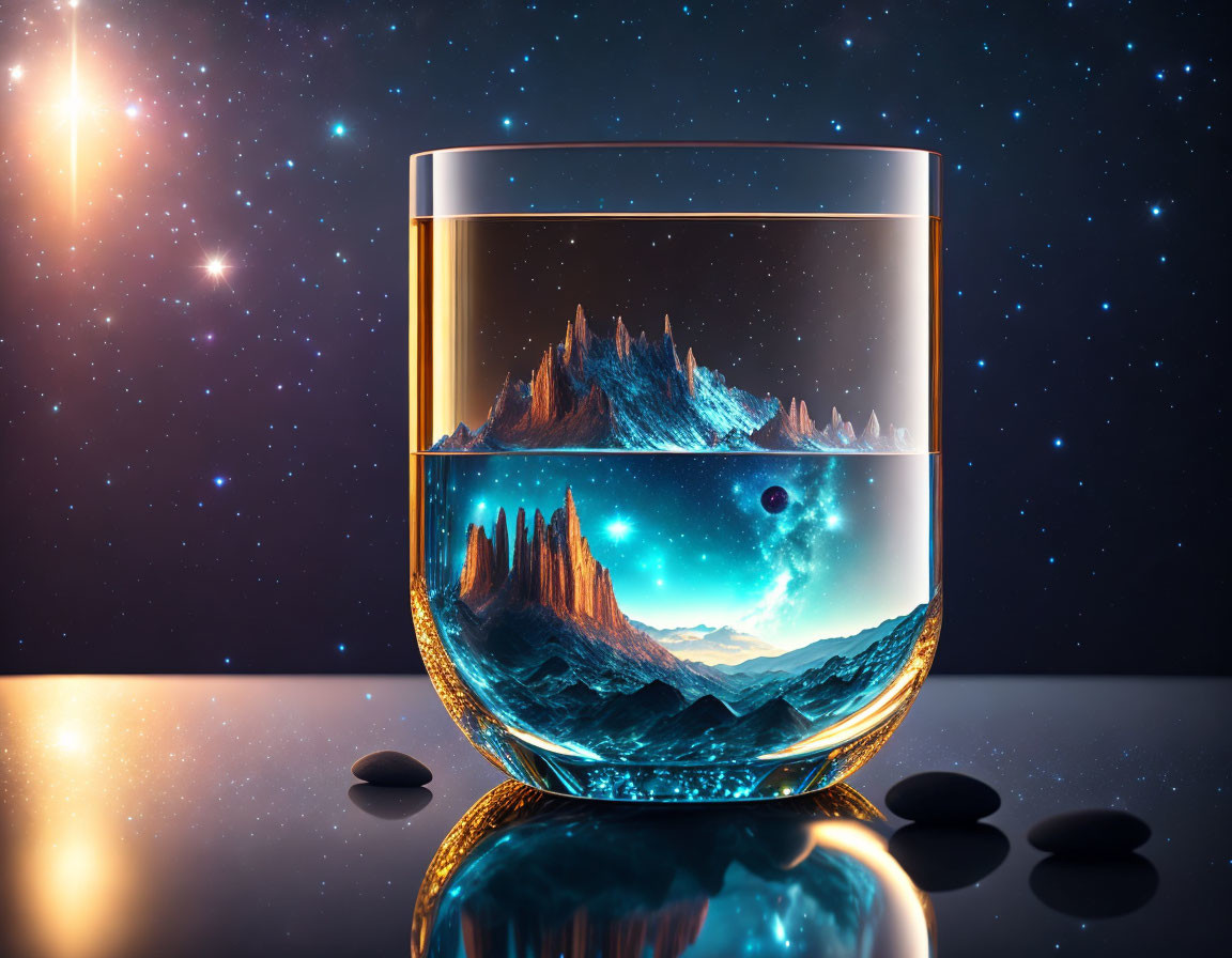 Glass with surreal mountain and space landscape on pebbled surface under starry sky