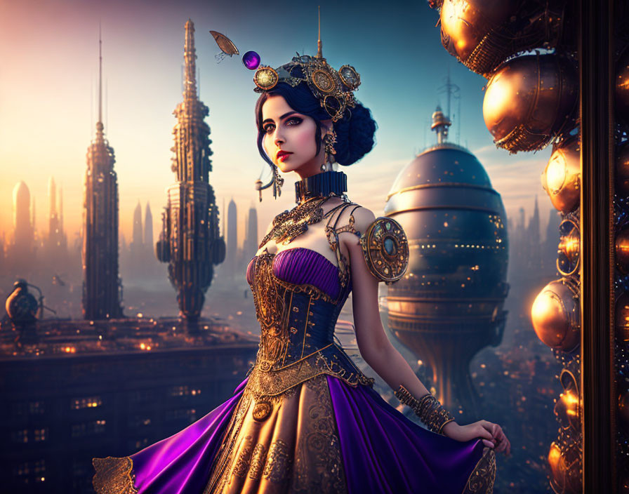 Futuristic steampunk-inspired woman in ornate outfit against advanced cityscape