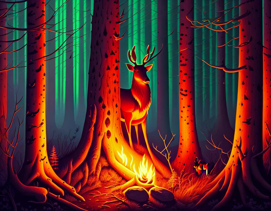 Illustration of glowing stag by campfire in mystical forest with Northern Lights