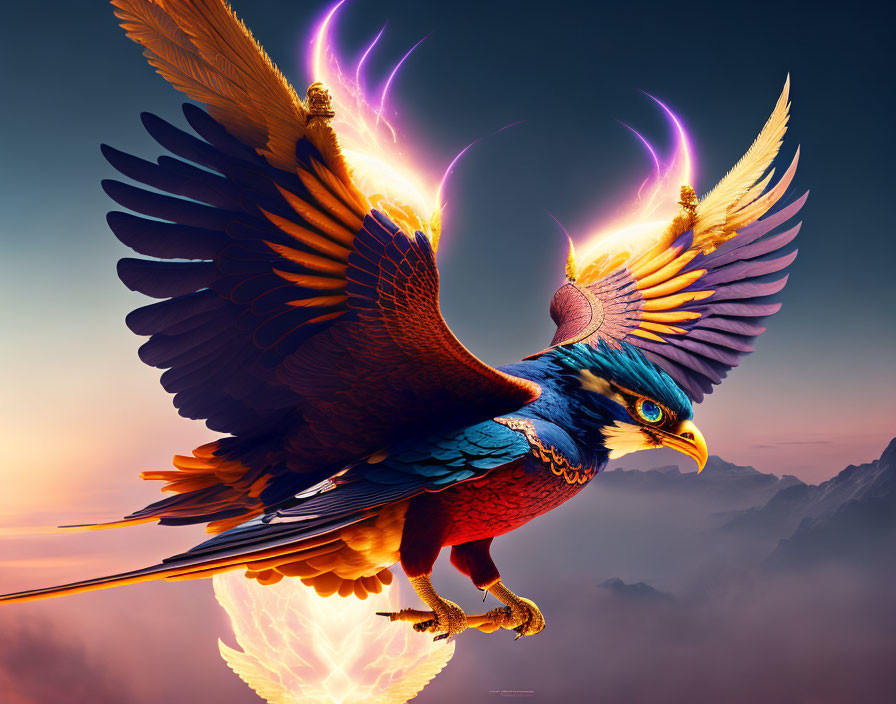 Vibrant fiery bird with purple-tipped wings against mountain sunset