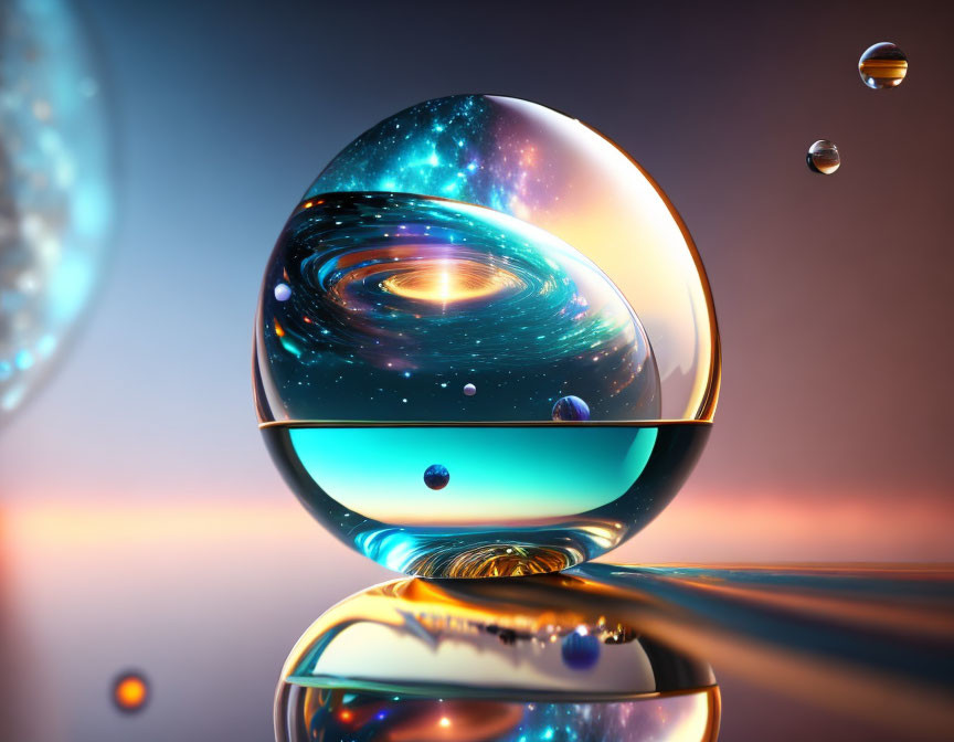 Digital Art: Transparent Sphere with Galaxy and Reflective Surface