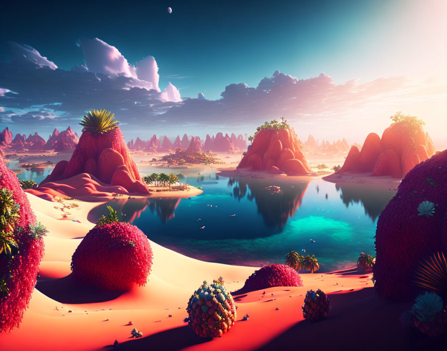 Vibrant surreal landscape with luminous hills, foliage, waters, and moons