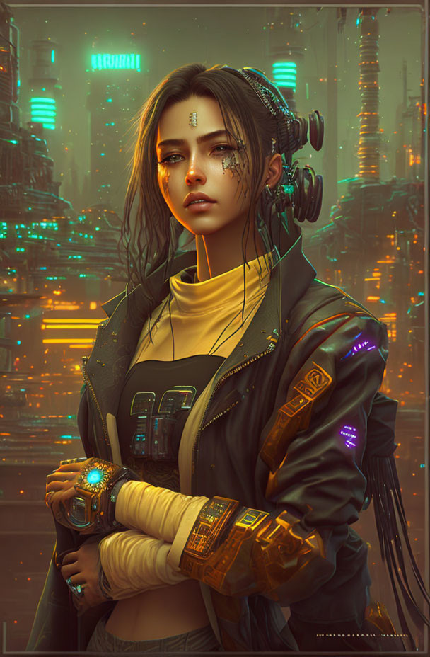 Cyberpunk digital art: Woman in neon jacket with headphones in futuristic cityscape