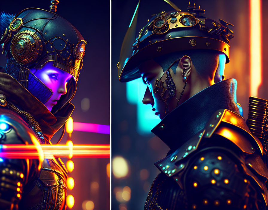 Futuristic warriors in elaborate armor and helmets against neon-lit cityscape