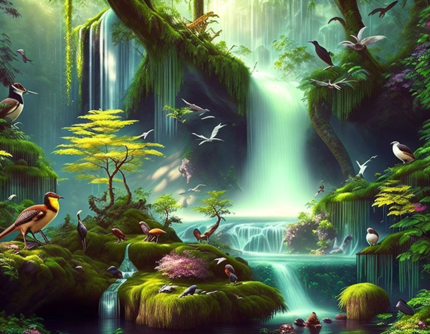 Mystical forest with lush greenery, waterfall, exotic birds, golden tree