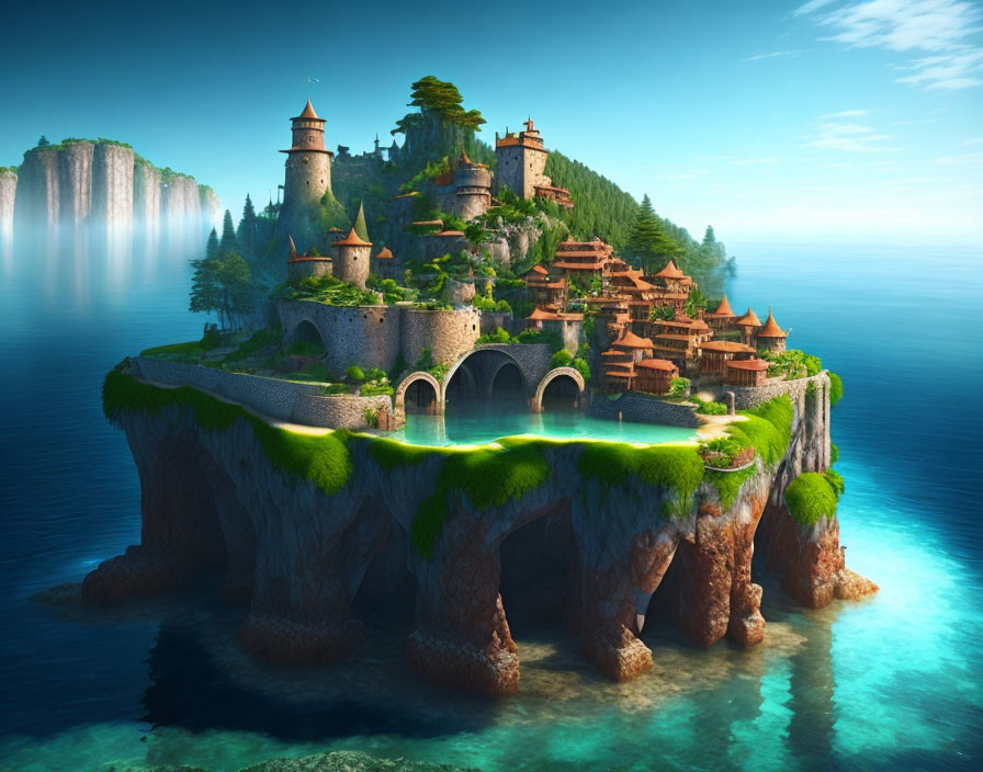 Cliff-Top Island with Castles, Houses, Waterfalls, and Ocean