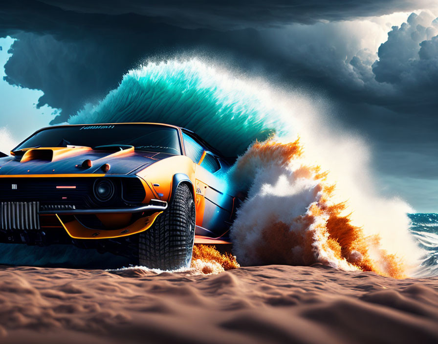 Vintage muscle car speeds on sandy beach with crashing wave and dramatic sky