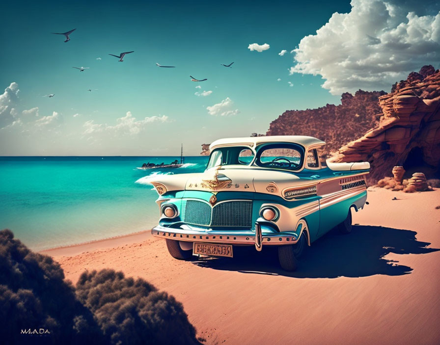 Vintage Car Parked on Sandy Beach with Clear Blue Skies and Seagulls