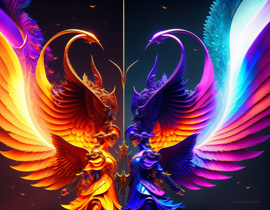 Symmetrical mythical bird creatures in fiery and cool colors