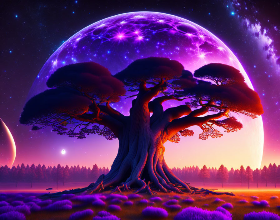 Surreal landscape with massive tree and purple planet