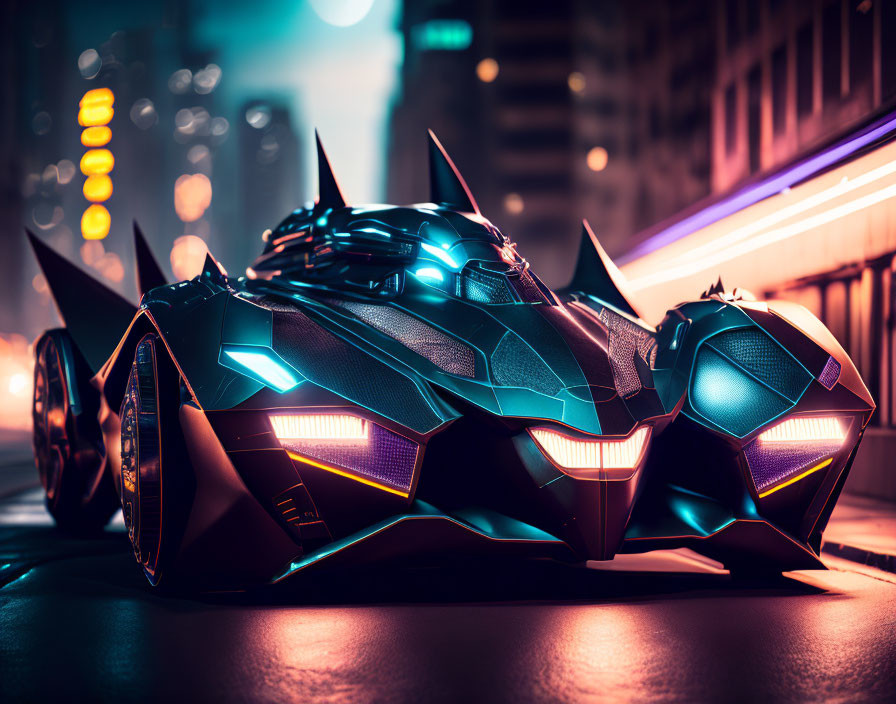 Black futuristic car with sharp edges and blue lights on neon-lit city street