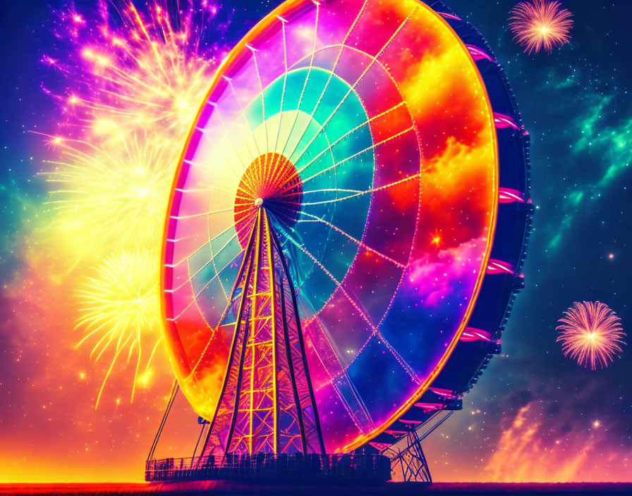 Colorful fireworks illuminate neon-lit Ferris wheel at night