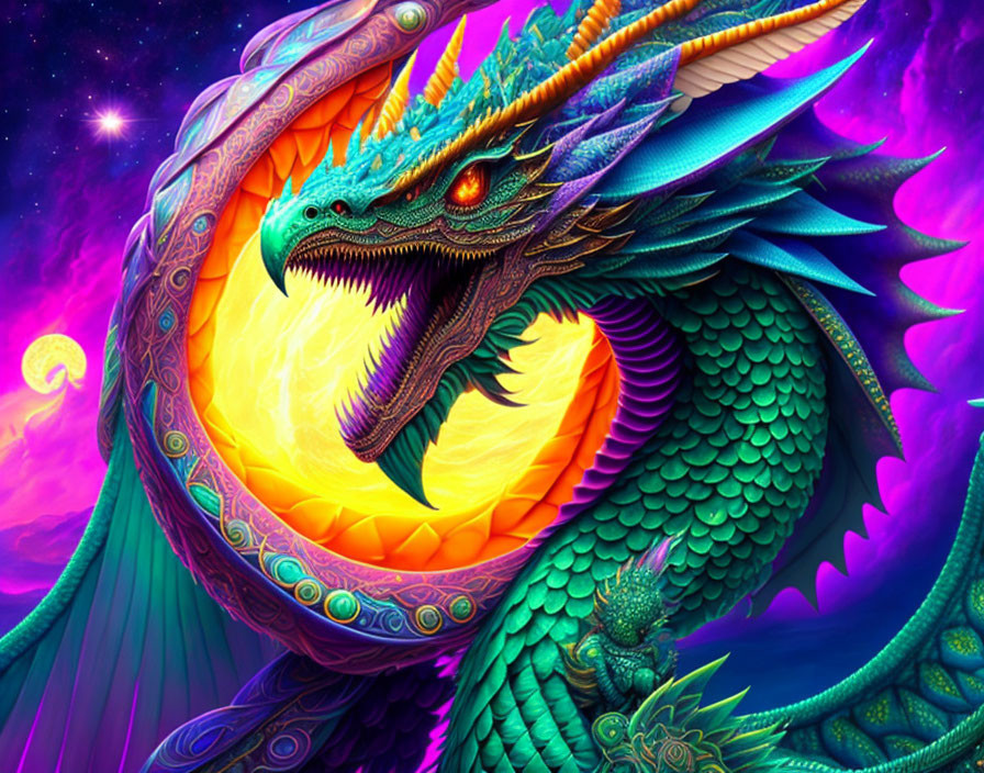 Fantastical blue dragon artwork coiled around orange sun on purple cosmic background