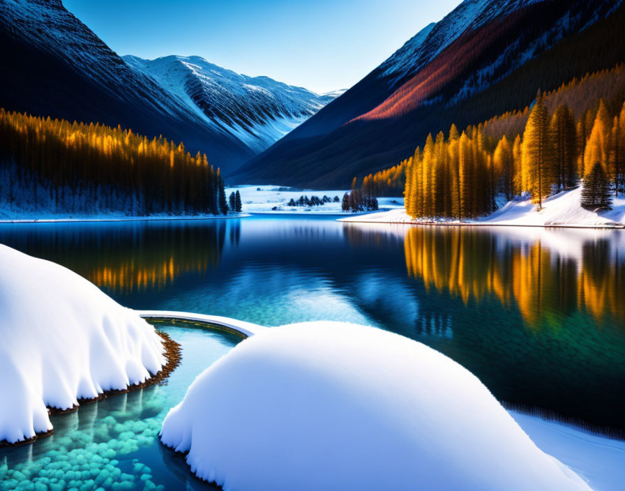 Golden larch trees by tranquil mountain lake under clear blue sky