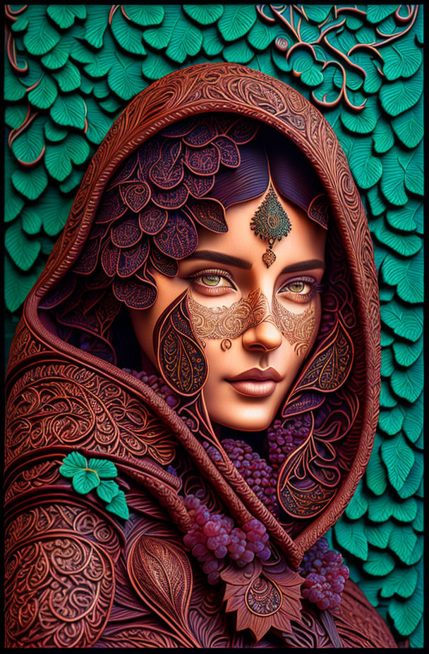 Digitally illustrated woman with henna-like patterns among stylized foliage and berries