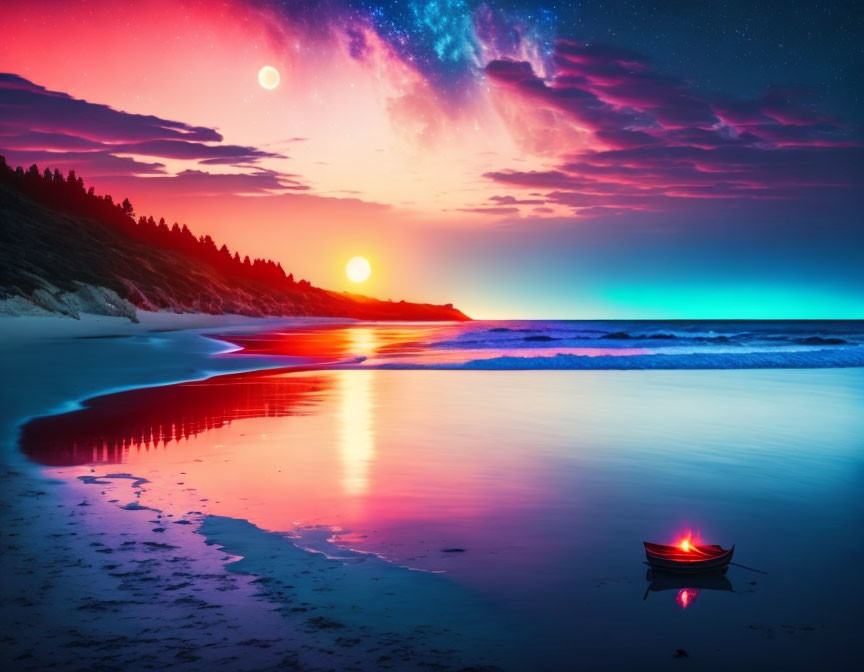 Vibrant pink and blue sunset beach scene with small boat under dual-light celestial event