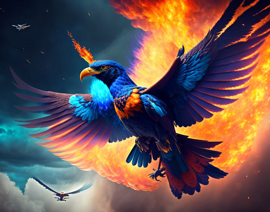 Vibrantly colored phoenix flying with fiery wings in stormy sky