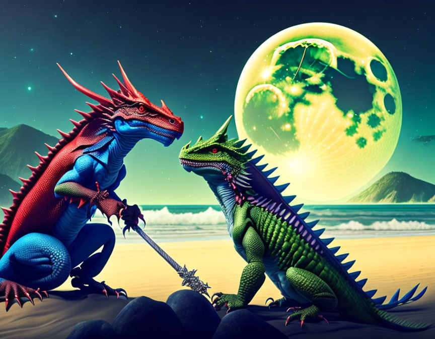 Two armored dragons face off on beach under green-tinged moon