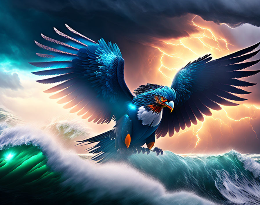 Vibrant blue feathered eagle soaring over stormy ocean waves