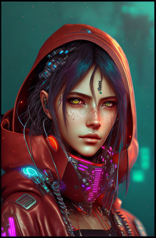 Digital artwork: Person in futuristic red hoodie with cybernetic enhancements