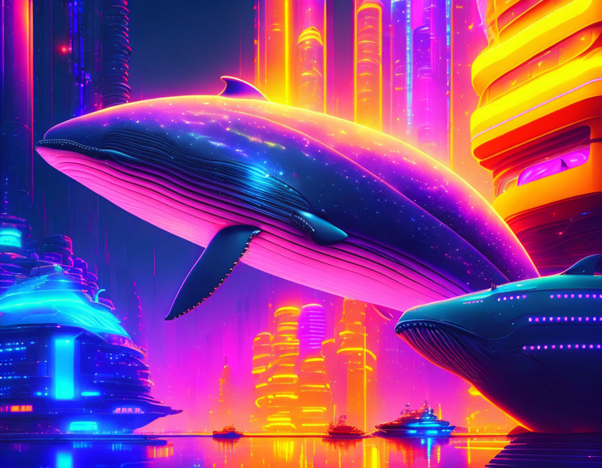 Futuristic neon-lit cityscape with whale-like spaceship above water