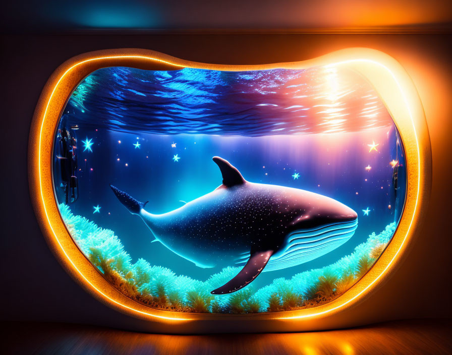 Whale illustration on futuristic digital display in vibrant underwater scene