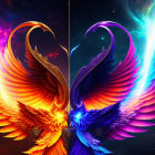 Stylized swans with vibrant plumage in heart shape against cosmic backdrop