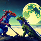 Two armored dragons face off on beach under green-tinged moon