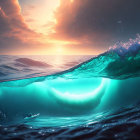 Sailboat cresting wave at sunset with bioluminescence and seabirds