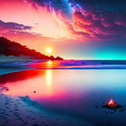 Vibrant pink and blue sunset beach scene with small boat under dual-light celestial event